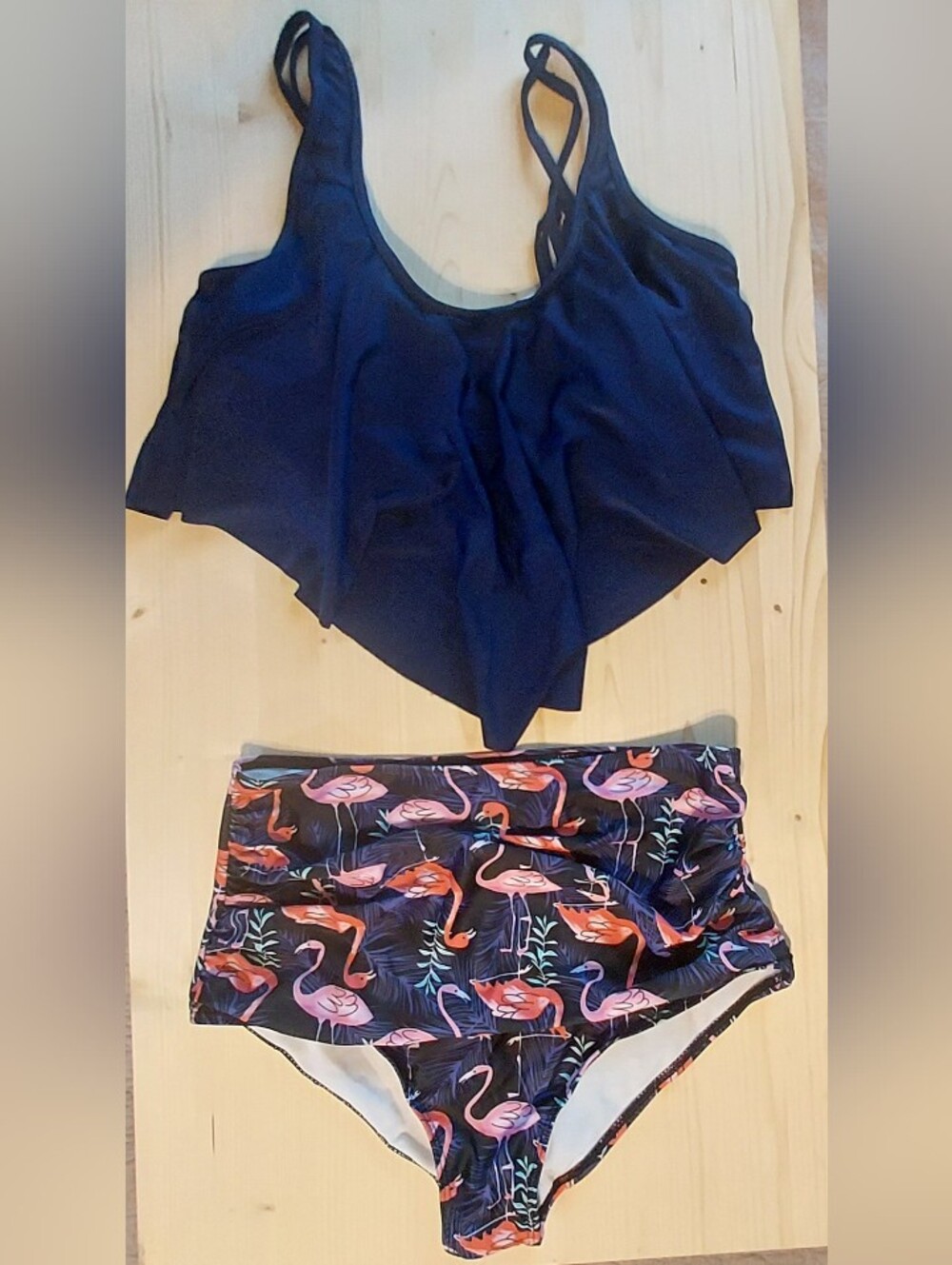 Navy Flounce Tankini Top with Flamingo High-Waist Bikini Bottoms